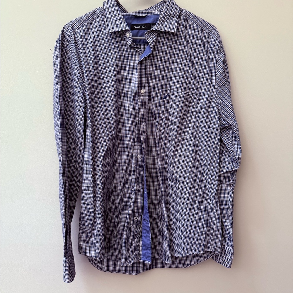 Nautica Men's Navy and White Plaid Shirt
